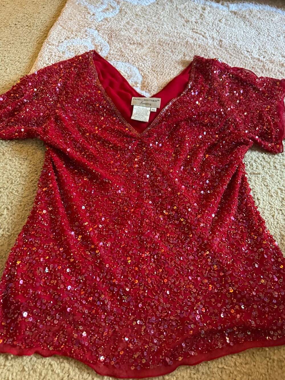 Papell Boutique Evening Red 100% Silk Sequin Beaded Blouse Top XL - Picture 11 of 13